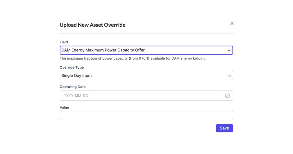 Asset Override - DAM Energy Maximum Power Capacity Offer